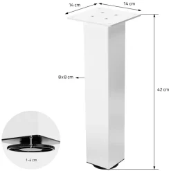4er Set Tischbeine I-Design 42 cm Weiß glänzend aus pulverbeschichtetem Stahl eckig Profil 8x8 cm Höhenverstellbare Möbelfüße 1-4 cm ML-Design