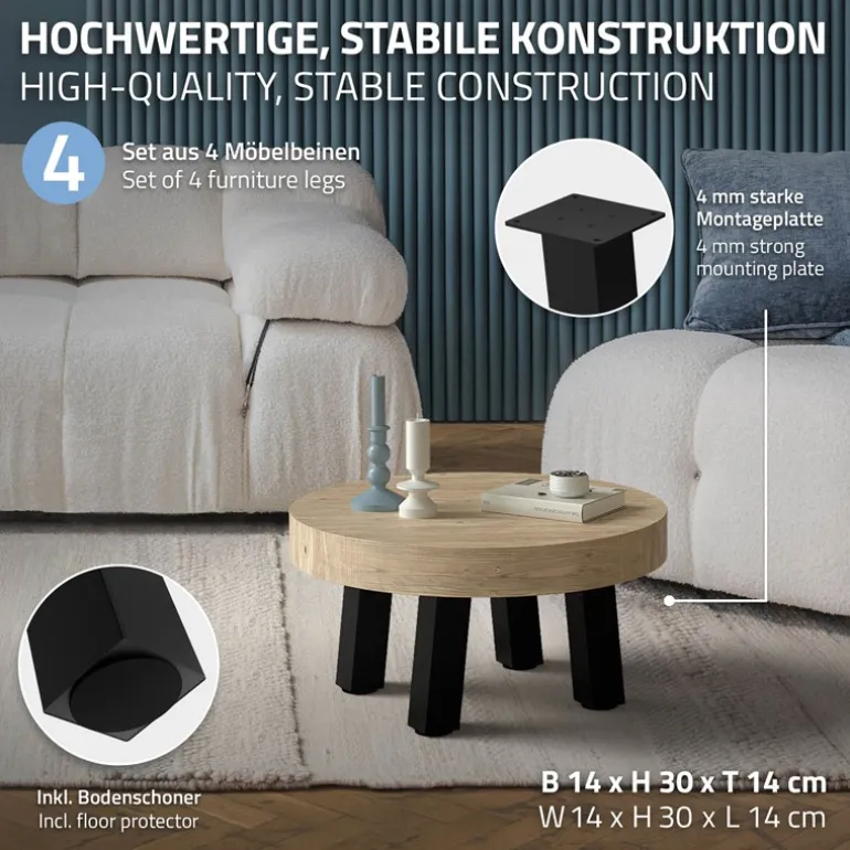 4er Set Tischbeine schräg H30 cm Schwarz glänzend aus Stahl eckig Profil 8x8 cm I-Form Möbelfüße Metall 96° Neigung ML-Design