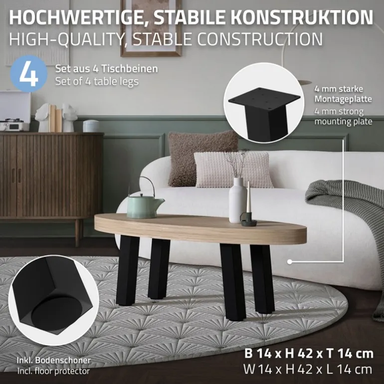 4er Set Tischbeine schräg H42 cm Schwarz glänzend aus Stahl eckig Profil 8x8 cm I-Form 96° Neigung ML-Design