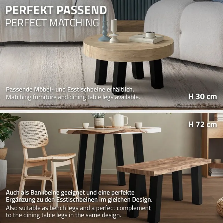 4er Set Tischbeine schräg H42 cm Schwarz glänzend aus Stahl eckig Profil 8x8 cm I-Form 96° Neigung ML-Design