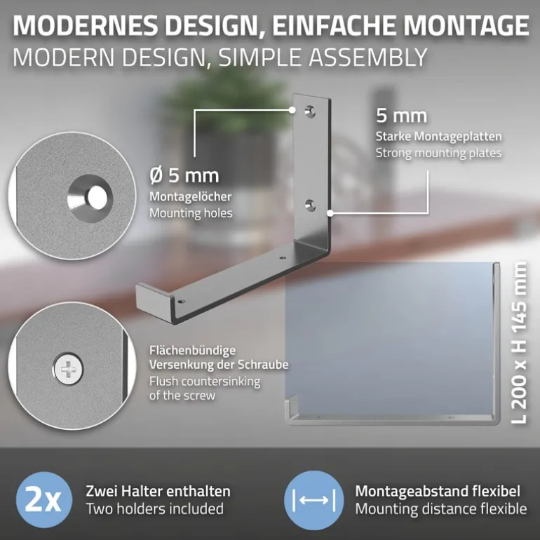 2er Set Wandkonsole Regalhalterung 2x 200 x 140 mm Grau Stahl ML-Design