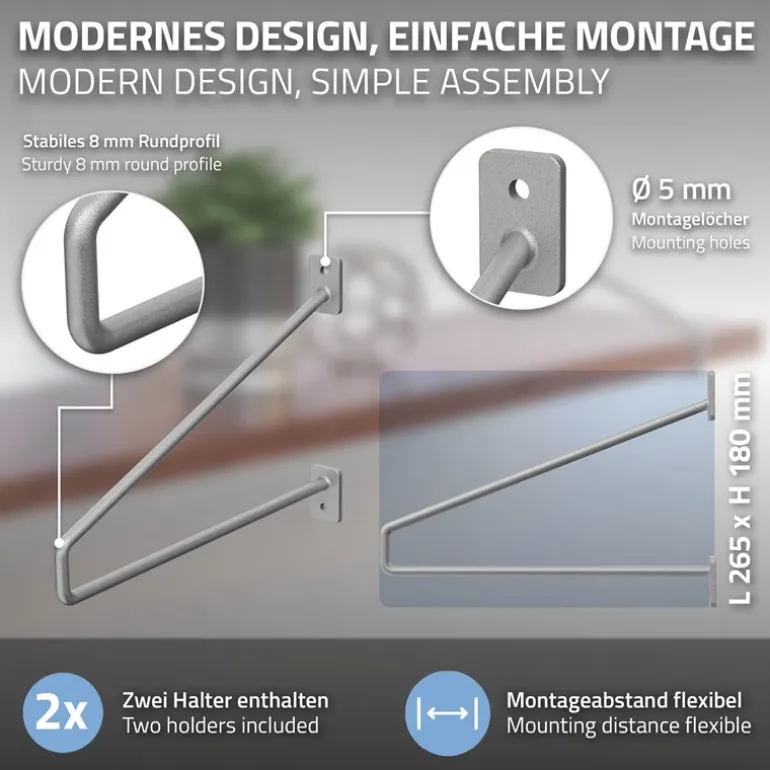 2er Set Wandkonsole Regalhalterung 2x 265 x 180 mm Grau aus Stahl ML-Design