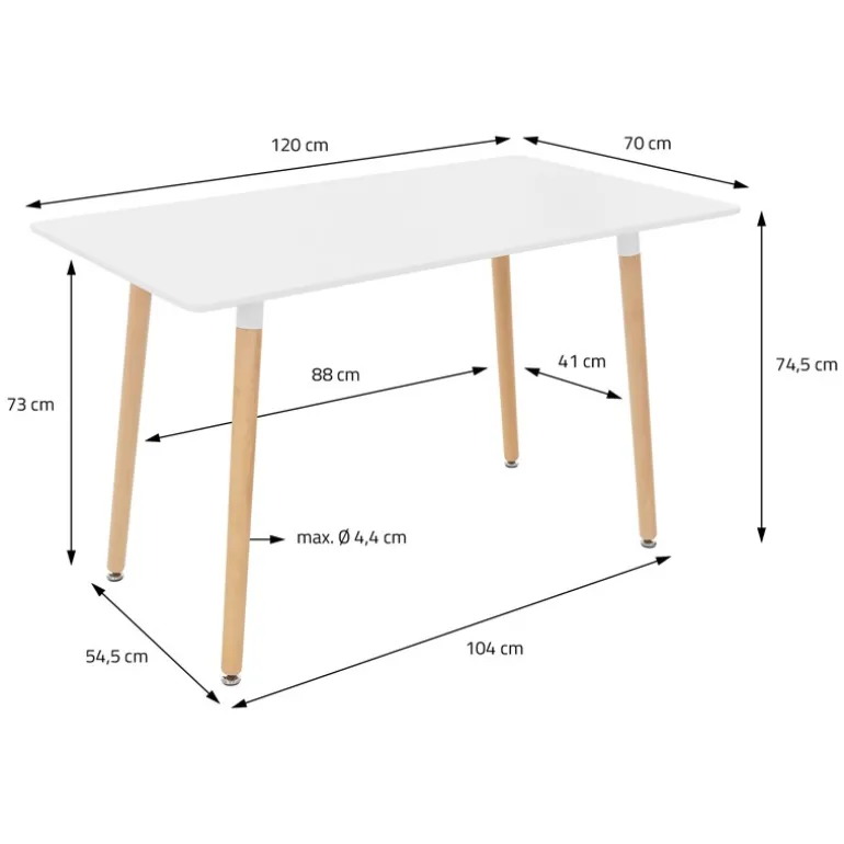 Esstisch aus Holz 120x70 cm Matt Weiß Esszimmertisch für 4-6 Personen ML-Design