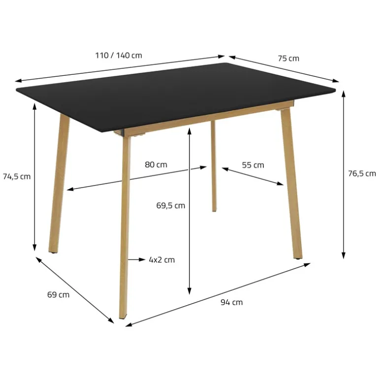 Esstisch ausziehbar in Schwarz 110-140x75 cm aus Holz Esszimmertisch für 4-6 Personen ML-Design