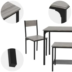 Esszimmergruppe mit Bank 4-Teilig mit Esstisch und Stühlen Eiche Grau Stahlgestell ML-Design
