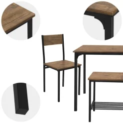 Esszimmergruppe mit Bank 4-Teilig mit Esstisch und Stühlen Eiche Rustikal Stahlgestell ML-Design