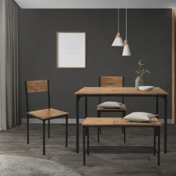 Esszimmergruppe mit Bank 4-Teilig mit Esstisch und Stühlen Eiche Rustikal Stahlgestell ML-Design