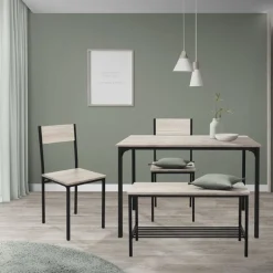 Esszimmergruppe mit Bank 4-Teilig mit Esstisch und Stühlen Sonoma Eiche Stahlgestell ML-Design