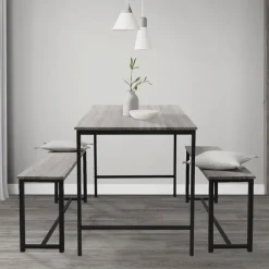 Esszimmergruppe mit 2 Bänken 3-Teilig mit Esstisch Eiche Grau Stahlgestell ML-Design