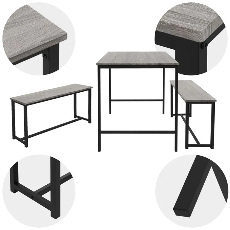 Esszimmergruppe mit 2 Bänken 3-Teilig mit Esstisch Eiche Grau Stahlgestell ML-Design