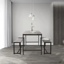 Esszimmergruppe mit 2 Bänken 3-Teilig mit Esstisch Eiche Grau Stahlgestell ML-Design