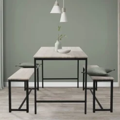 Esszimmergruppe mit 2 Bänken 3-Teilig mit Esstisch Sonoma-Eiche Stahlgestell ML-Design