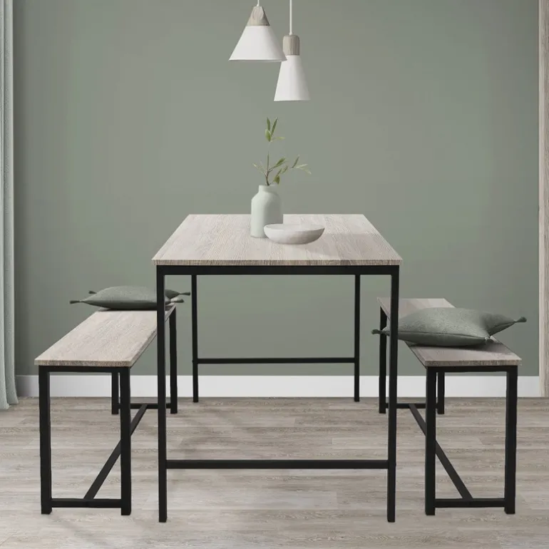 Esszimmergruppe mit 2 Bänken 3-Teilig mit Esstisch Sonoma-Eiche Stahlgestell ML-Design