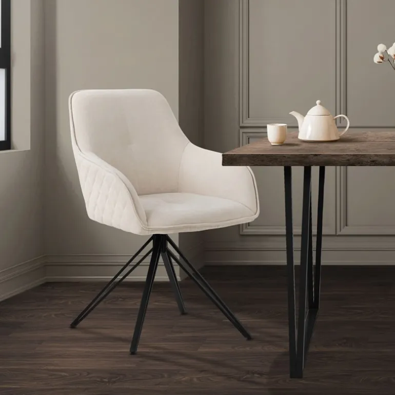 Esszimmerstuhl drehbar Creme aus Textil Webstoff mit Rücken- und Armlehne ML-Design