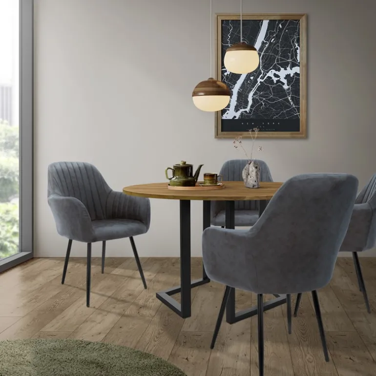 Esszimmerstuhl 4er Set Linierte Steppung mit Rücken- und Armlehnen Anthrazit Küchenstuhl mit Kunstleder Bezug ML-Design