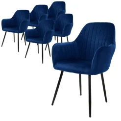 Esszimmerstuhl 6er Set Linierte Steppung mit Rücken- und Armlehnen Blau Küchenstuhl mit Microfaser-Samtbezug ML-Design