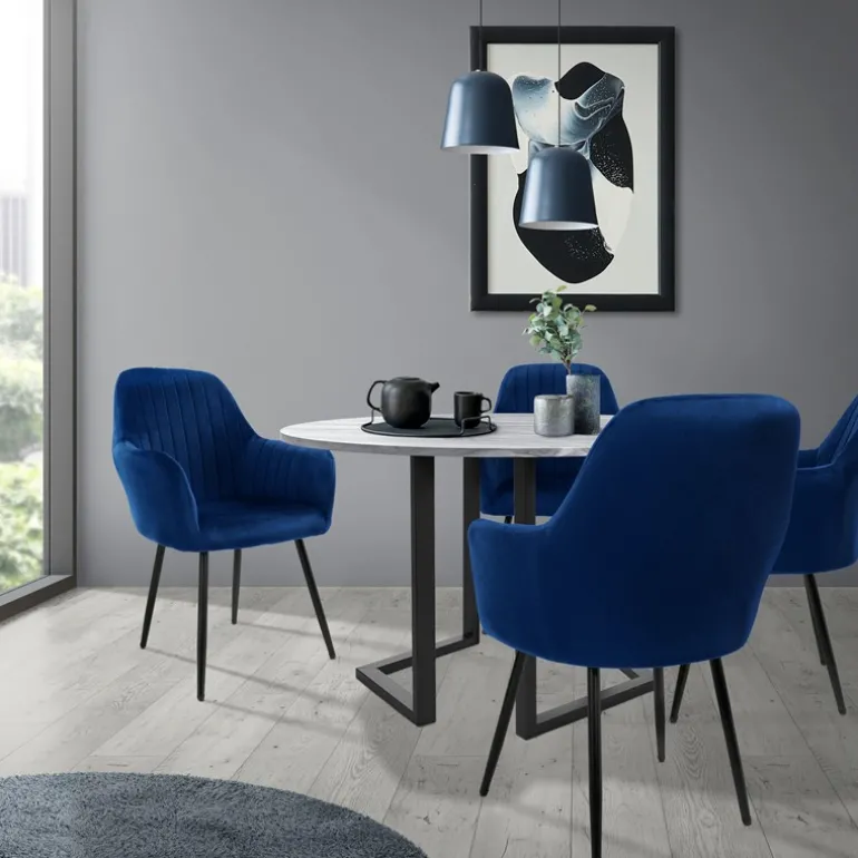 Esszimmerstuhl 2er Set mit Rücken- und Armlehnen Blau Küchenstuhl mit Microfaser-Samtbezug ML-Design