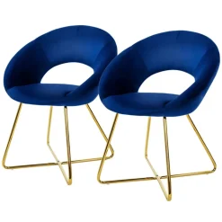 Esszimmerstuhl 2er Set mit runder offener Rückenlehne Blau aus Samt mit goldenen Metallbeinen ML-Design