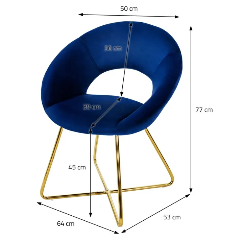 Esszimmerstuhl 2er Set mit runder offener Rückenlehne Blau aus Samt mit goldenen Metallbeinen ML-Design
