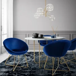 Esszimmerstuhl 2er Set mit runder Rückenlehne Blau aus Samt mit goldenen Metallbeinen ML-Design