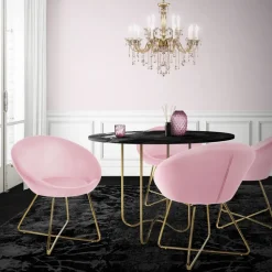 Esszimmerstuhl 2er Set mit runder Rückenlehne Rosa aus Samt mit goldenen Metallbeinen ML-Design