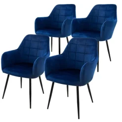 Esszimmerstuhl 4er Set Quadrat Steppung mit Rücken- und Armlehnen Dunkelblau Küchenstuhl mit Microfaser-Samtbezug ML-Design