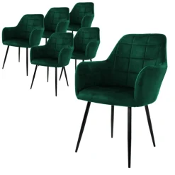 Esszimmerstuhl 6er Set Quadrat Steppung mit Rücken- und Armlehnen Dunkelgrün Küchenstuhl mit Microfaser-Samtbezug ML-Design