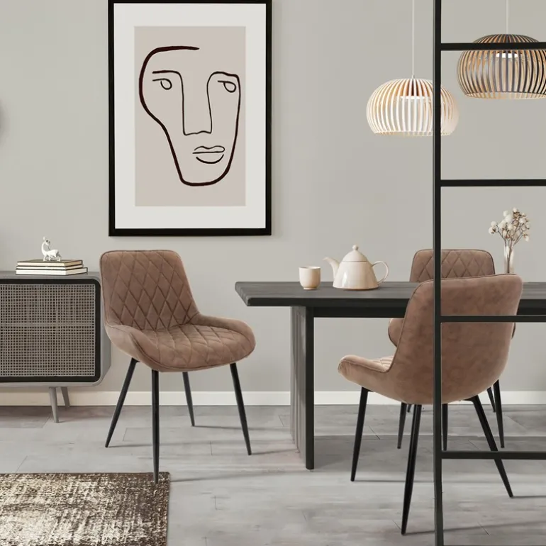 Esszimmerstuhl 2er Set Rauten Steppung Braun Kunstlederbezug mit Metallbeinen inkl. Montagematerial ML-Design