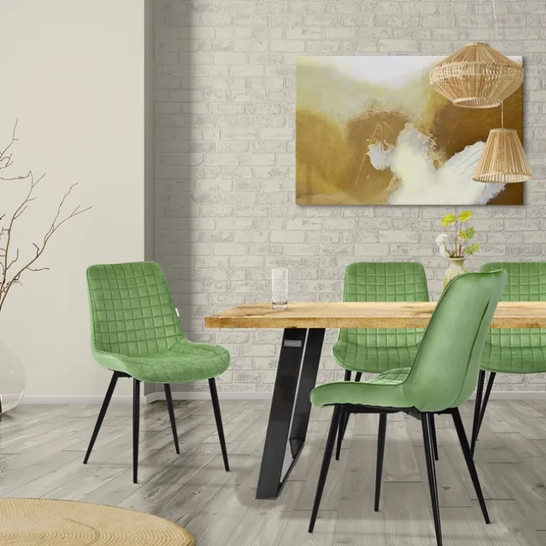 Esszimmerstuhl 4er Set Salbei mit Samtbezug und Stahlbeinen Küchenstuhl mit Rückenlehne ML-Design