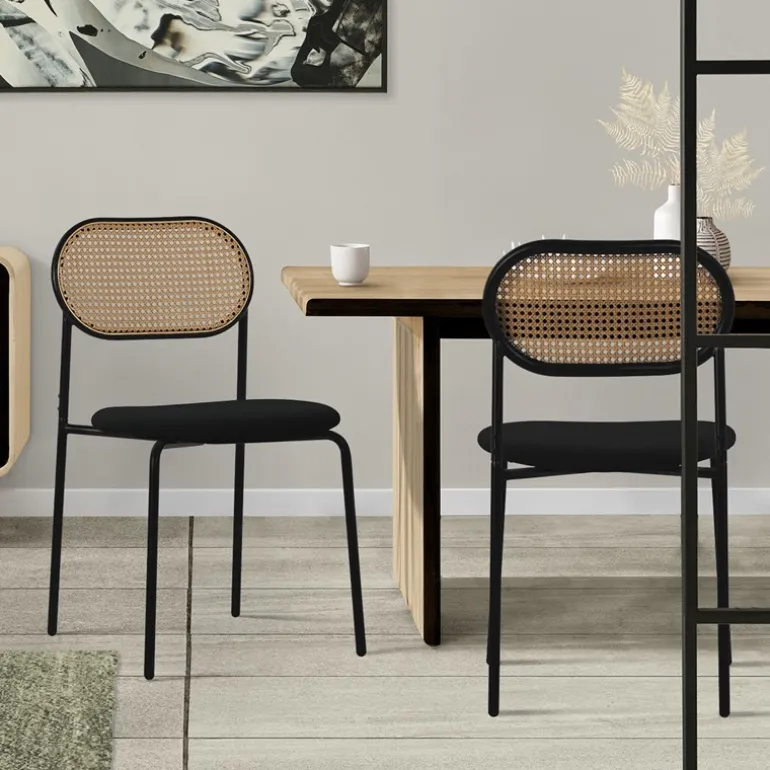 Esszimmerstuhl 2er Set Schwarz bis 120 kg Rattan Rückenlehne ML-Design