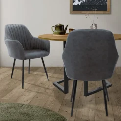 Esszimmerstuhl mit Linierter Steppung 2er Set mit Rücken- und Armlehnen Anthrazit Küchenstuhl mit Kunstleder Bezug ML-Design