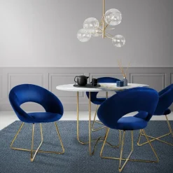 Esszimmerstuhl mit runder offener Rückenlehne Blau aus Samt mit goldenen Metallbeinen ML-Design