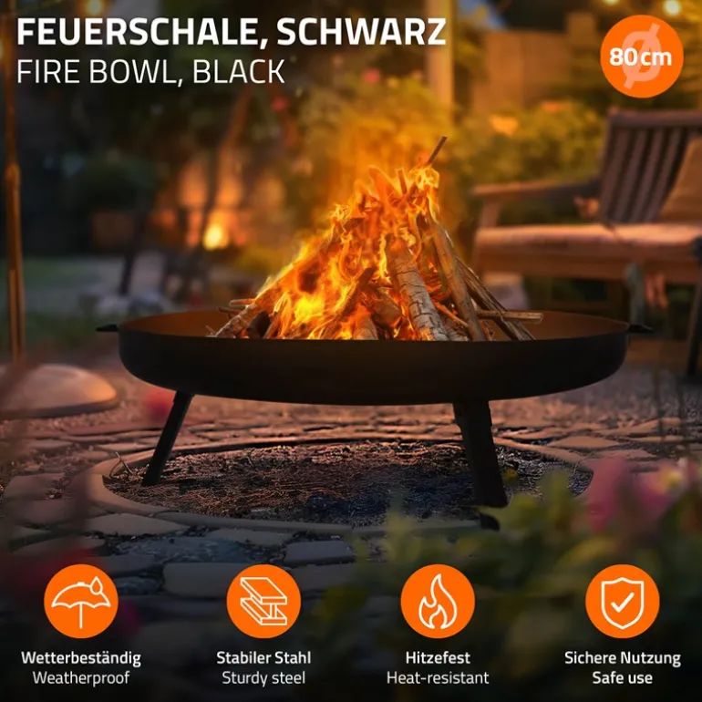 Feuerschale 80 cm mit Dreibeingestell und klappbaren Füßen Stahl Feuerkorb