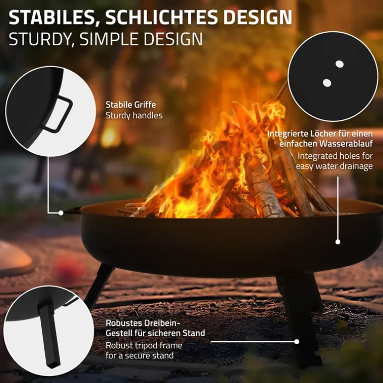 Feuerschale 60 cm mit Dreibeingestell und klappbaren Füßen Stahl Feuerkorb