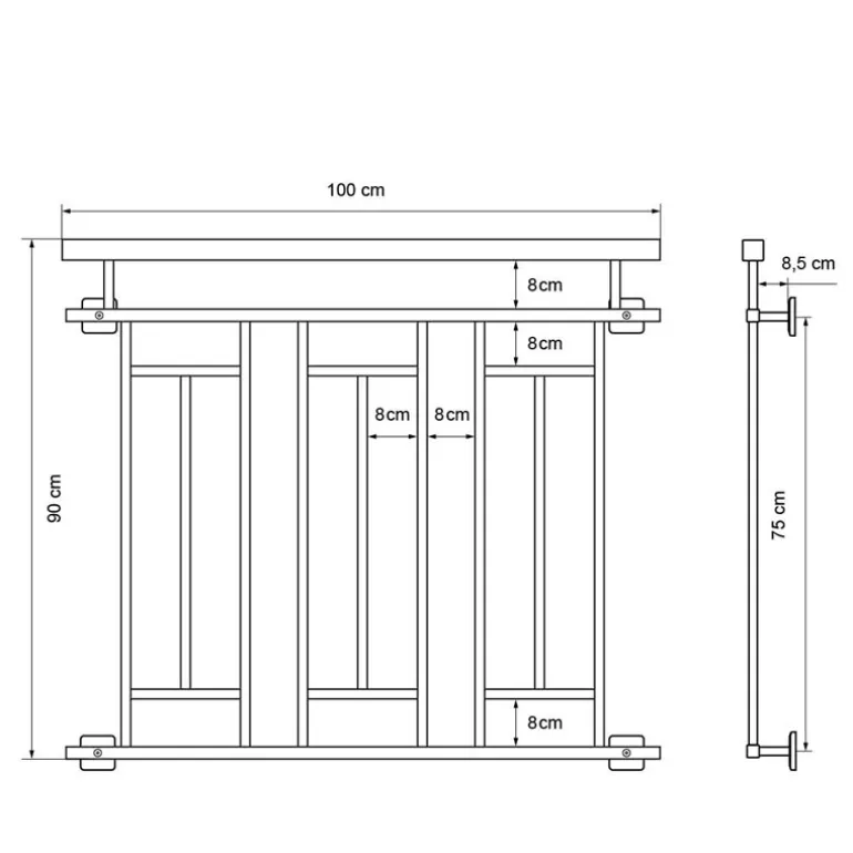 Französischer Balkon Anthrazit 90x100 cm mit 3 Füllelementen, Holzoptik aus verzinkter Stahl