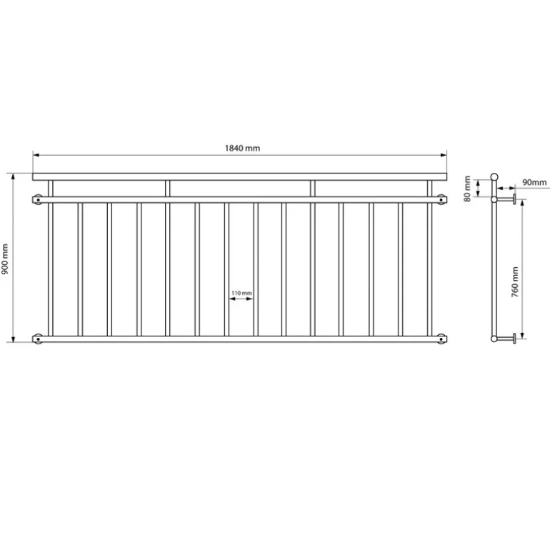 Französischer Balkon Schwarz 184x90 cm mit 14 Füllstäben aus pulverbeschichtetem Stahl