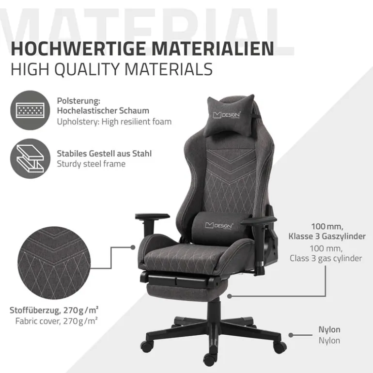 Gaming Stuhl Grau/Weiß aus Stoff ML-Design