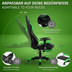 Gamingstuhl mit ausziehbarer Fußstütze 2D Armlehne Schwarz/Grün aus Kunstleder ML-Design