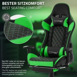 Gamingstuhl mit ausziehbarer Fußstütze 2D Armlehne Schwarz/Grün aus Kunstleder ML-Design