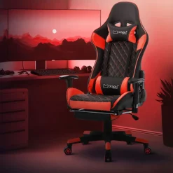 Gamingstuhl mit ausziehbarer Fußstütze 2D Armlehne Schwarz/Rot aus Kunstleder ML-Design