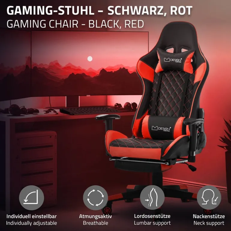 Gamingstuhl mit ausziehbarer Fußstütze 2D Armlehne Schwarz/Rot aus Kunstleder ML-Design