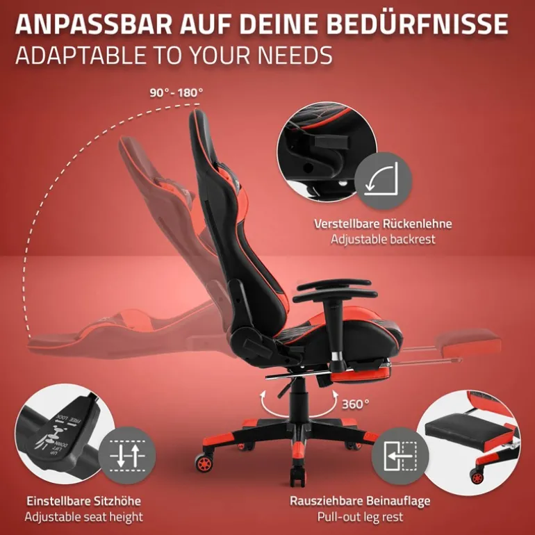 Gamingstuhl mit ausziehbarer Fußstütze 2D Armlehne Schwarz/Rot aus Kunstleder ML-Design