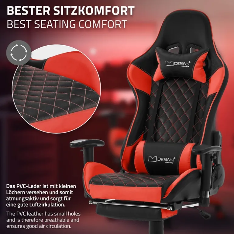 Gamingstuhl mit ausziehbarer Fußstütze 2D Armlehne Schwarz/Rot aus Kunstleder ML-Design
