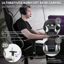 Gamingstuhl mit ausziehbarer Fußstütze 2D Armlehne Schwarz/Weiß aus Kunstleder ML-Design