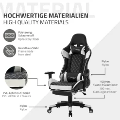 Gamingstuhl mit ausziehbarer Fußstütze 2D Armlehne Schwarz/Weiß aus Kunstleder ML-Design
