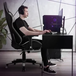 Gamingstuhl mit ausziehbarer Fußstütze 2D Armlehne Schwarz/Weiß aus Kunstleder ML-Design