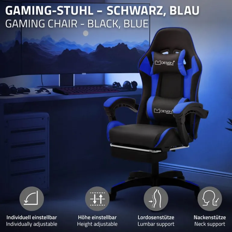 Gaming Stuhl mit Fußstütze und Armlehne Schwarz-Blau, aus Kunstleder ML-Design