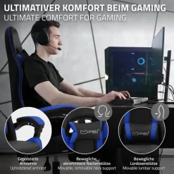 Gaming Stuhl mit Fußstütze und Armlehne Schwarz-Blau, aus Kunstleder ML-Design