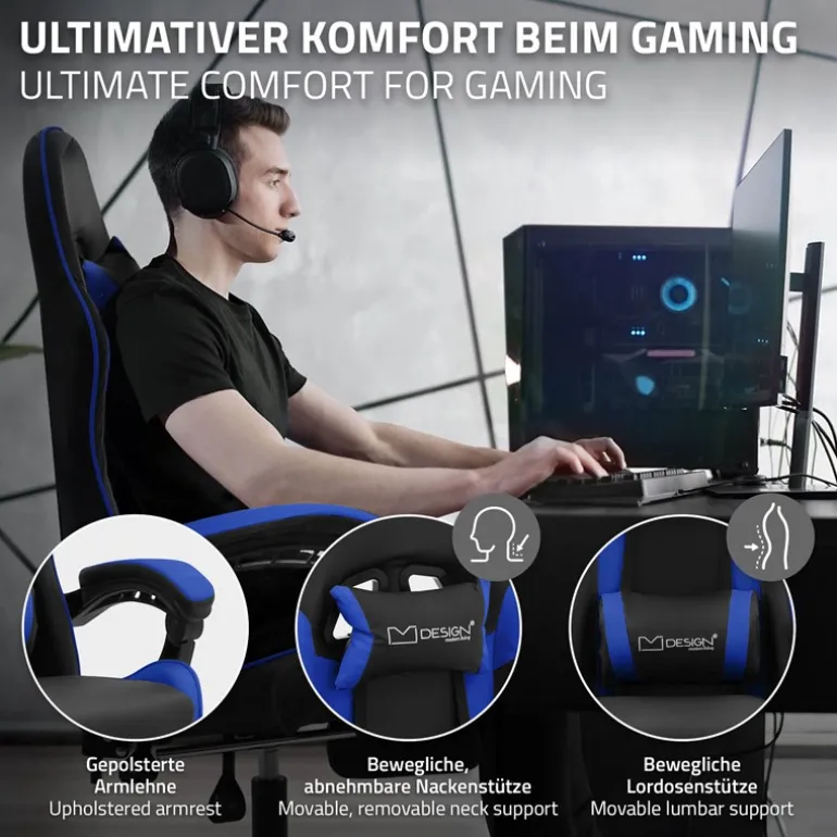 Gaming Stuhl mit Fußstütze und Armlehne Schwarz-Blau, aus Kunstleder ML-Design