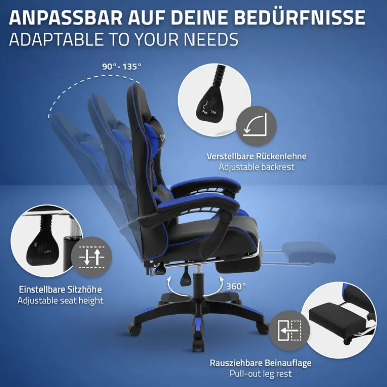Gaming Stuhl mit Fußstütze und Armlehne Schwarz-Blau, aus Kunstleder ML-Design